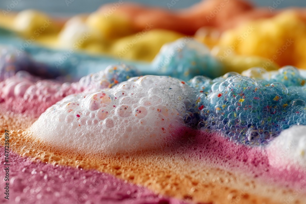 Poster Colorful bubbles create a vibrant and playful texture in a close-up view of foamy liquid soap and colorful surfaces