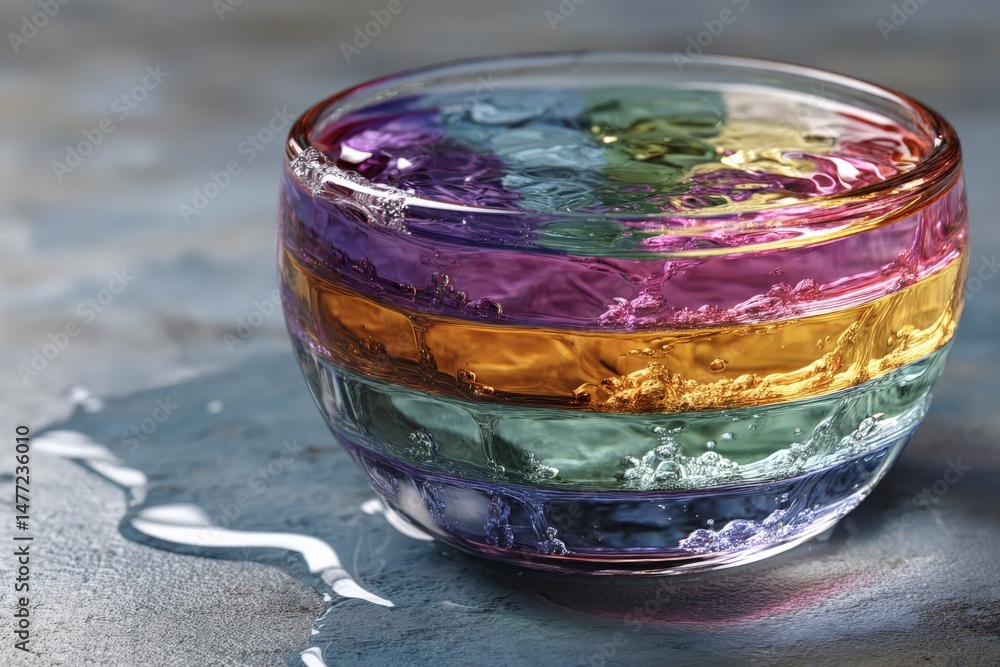 Poster colorful glass bowl filled with layered water creating a vibrant display of reflections and bubbles 
