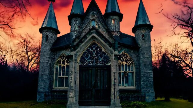 Eerie Haunted House Under a Crimson Sunset with Gothic Elements