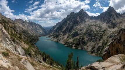 Mountain lake surrounded by rocky peaks under a cloudy sky.