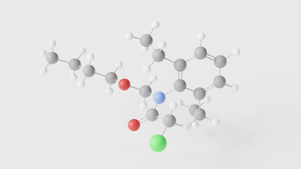 butachlor molecule 3d, molecular structure, ball and stick model, structural chemical formula herbicide