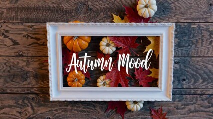 Autumn mood: seasonal frame with pumpkins and leaves on rustic wooden background - Powered by Adobe