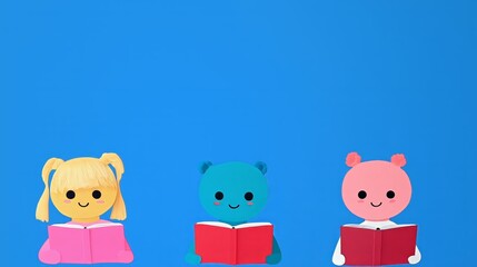 Obraz premium Cute characters reading books against blue background: a colorful and whimsical scene