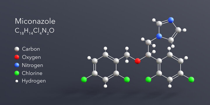 miconazole molecule 3d rendering, flat molecular structure with chemical formula and atoms color coding