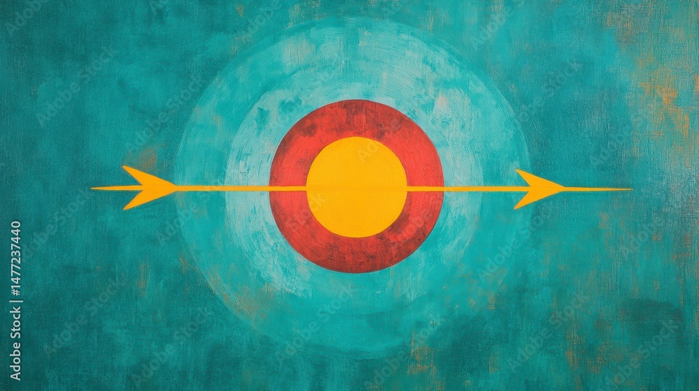Aufkleber abstract art painting of a target with an arrow piercing through its center, on a textured teal back
