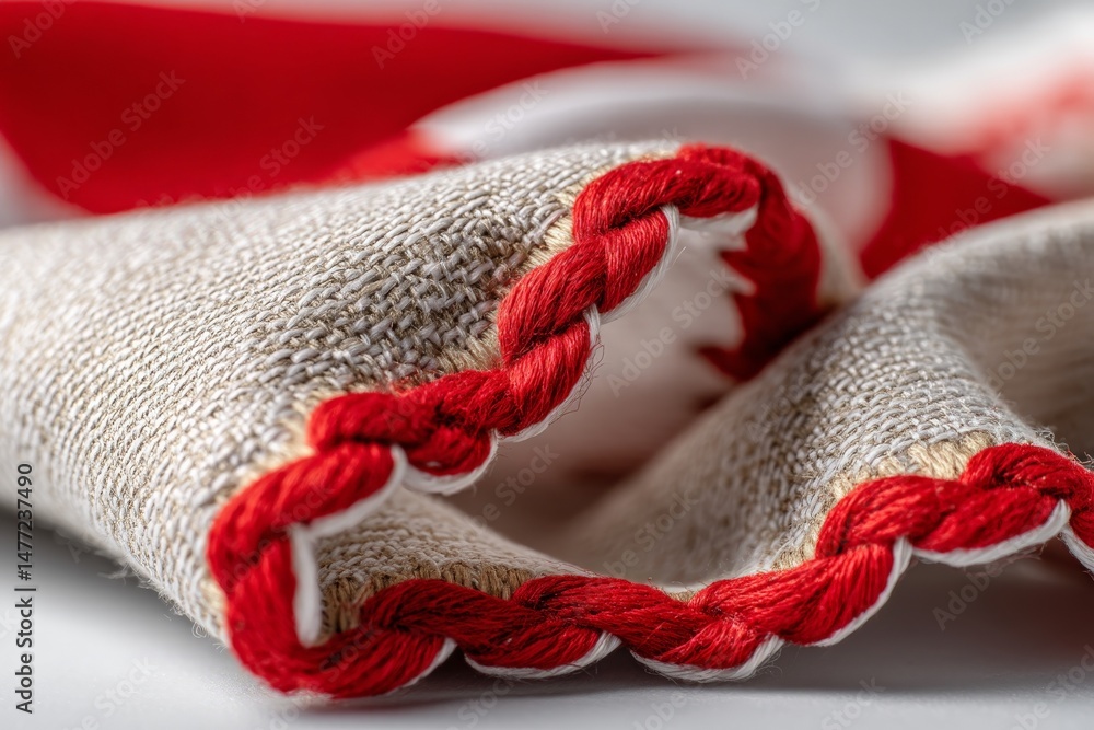 Aufkleber textured fabric with intricate red trim highlighting its details in a close-up view