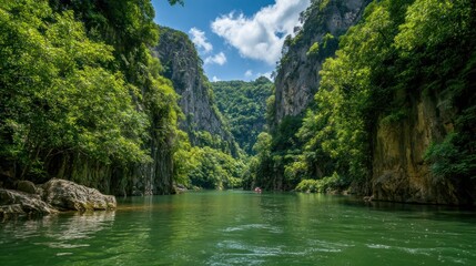 River flows through a canyon with lush green trees and blue sky.