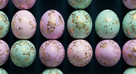 Pastel Easter Eggs with Gold Floral Pattern on Dark Background