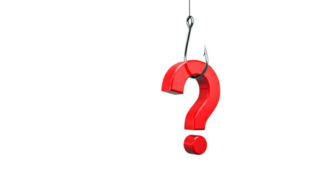 A tempting red question mark dangling precariously on a fishing hook against a stark white backdrop.