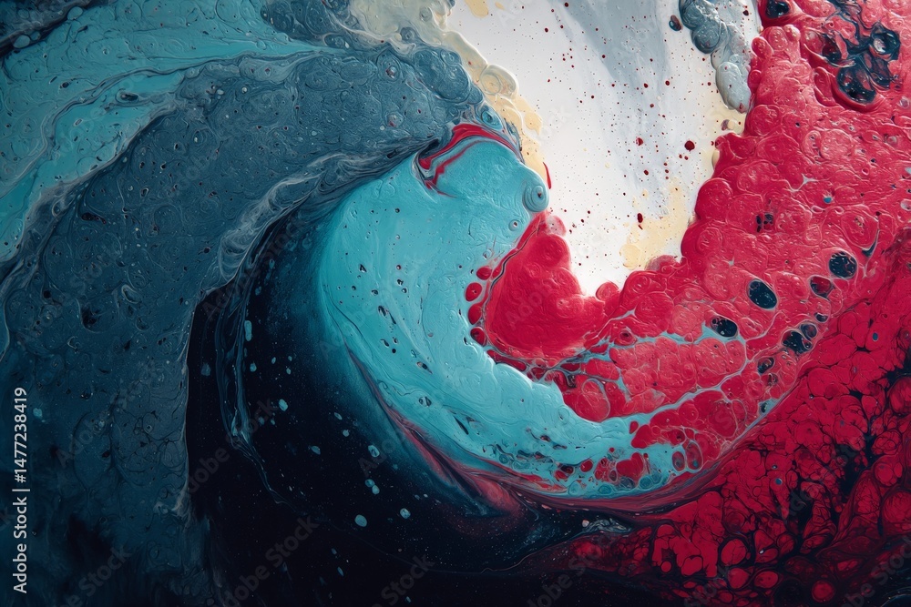 Poster colorful abstract swirl of blue and red acrylic paint creating a dynamic visual art piece