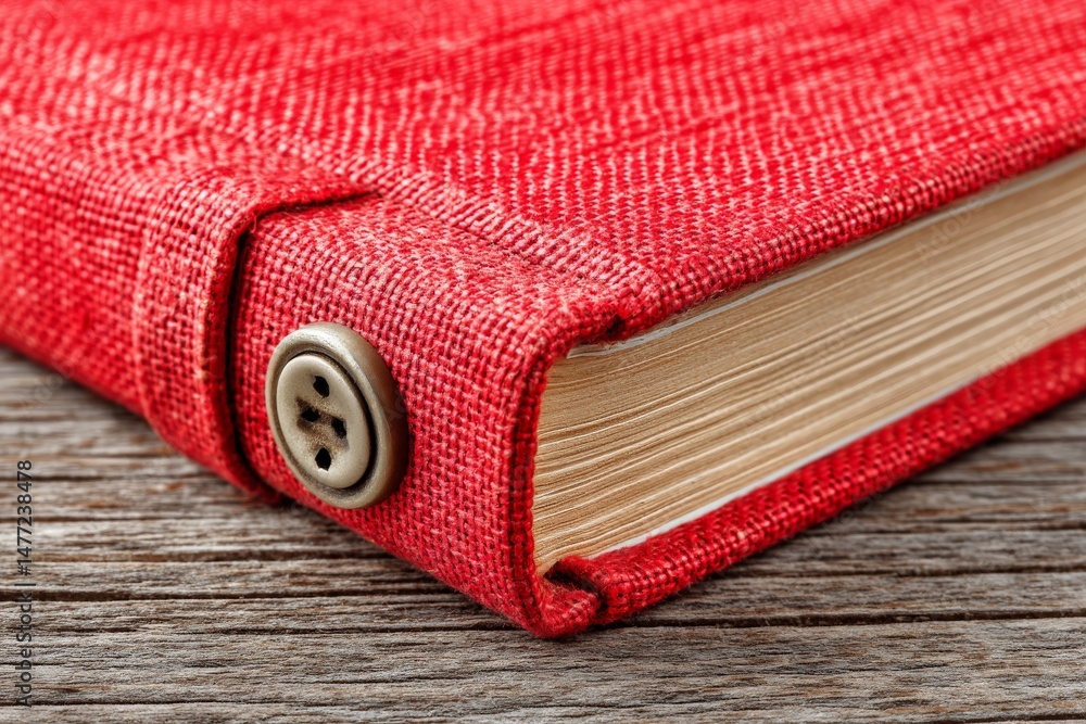 Poster crisp red book with a button closure on a wooden surface highlights craftsmanship and design in cozy