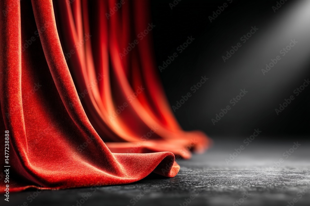 Poster rich red curtain drapes elegantly on stage, illuminated by spotlight with black background and subtl