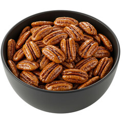 Fototapeta premium Close-up of a black bowl filled with glazed pecans, showcasing their shiny texture
