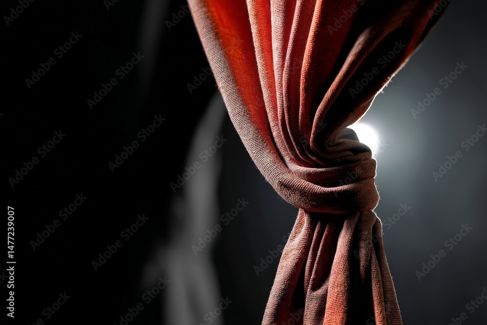 Poster Elegant red curtain tied back, creating dramatic light effects in a darkened theater setting