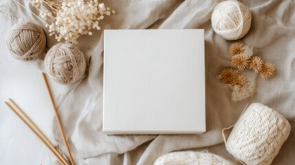 Top view mockup of a square knitting kit box surrounded by beige yarn balls, dried flowers, and wooden needles. Perfect for showcasing handmade or craft subscription packaging.

