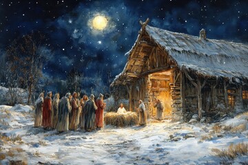 Crowd gathers around a nativity scene outside a rustic cabin in the snowy landscape at night
