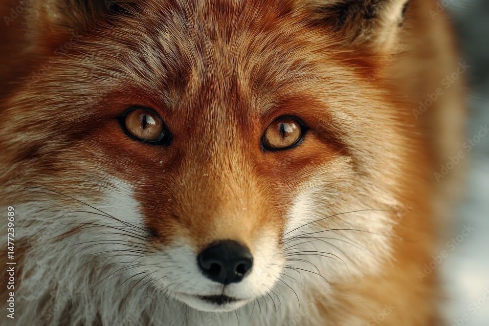 Poster Close-up view of a red fox in a snowy environment showcasing its striking fur and expressive eyes at dawn