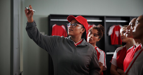 Women, coach and meeting with soccer team on whiteboard for match or game plan in locker room....