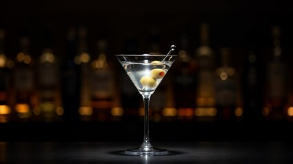 Classic martini cocktail with olives in a glass on bar counter  