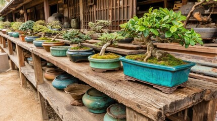 Fototapeta premium Bonsai collection display on wooden shelves
