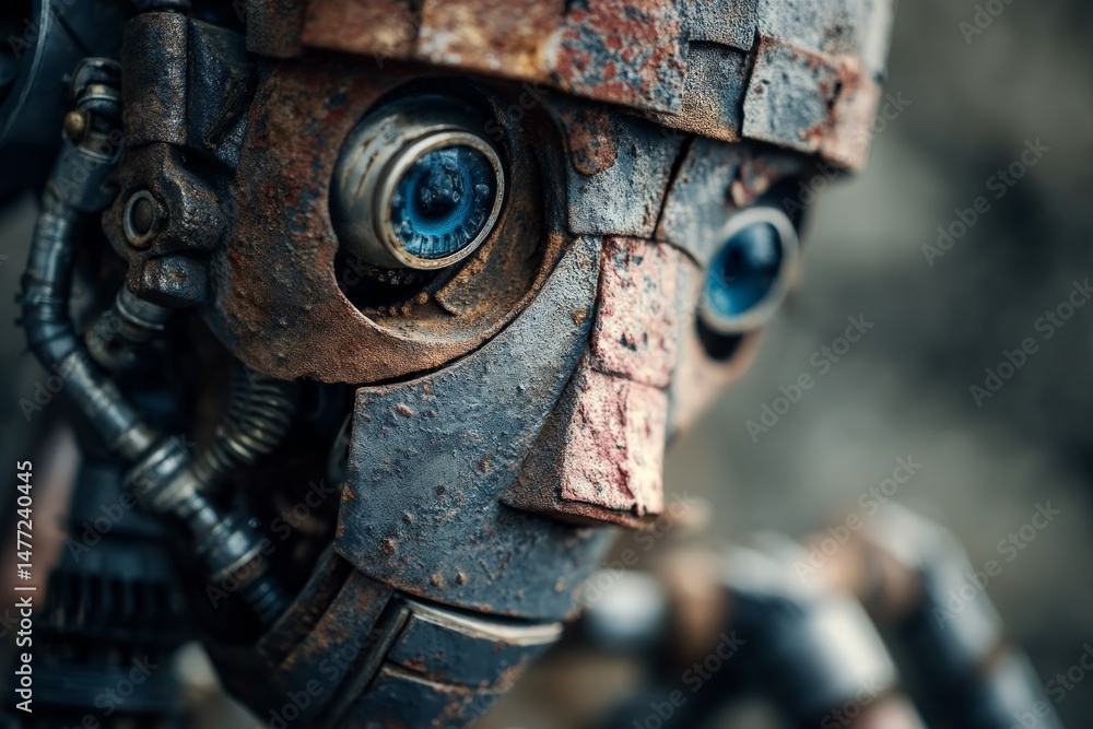 Aufkleber rusty robot with vivid blue eyes showcasing intricate details in a futuristic setting during dayligh