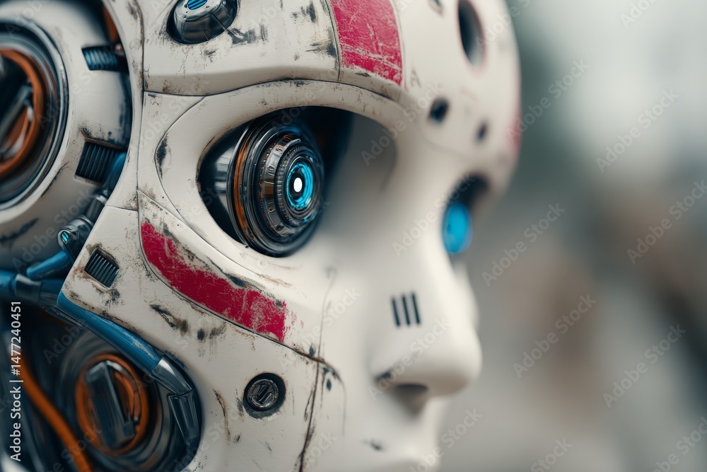 Poster close-up view of a futuristic robot with intricate designs and glowing blue eyes in an urban setting