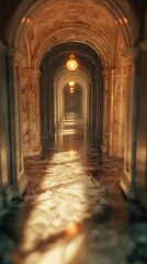 Fototapeta premium Illuminated marble arcade with diminishing perspective and warm light effect