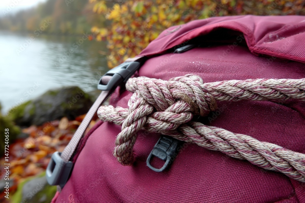 Poster exploring nature with a well-used backpack by a serene lake surrounded by autumn foliage