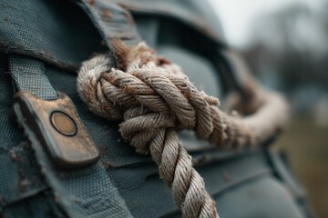 Close-up of frayed rope tied securely on canvas material in outdoor setting during cloudy weather