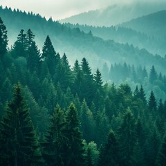 "A serene, misty forest with layers of evergreen trees in varying shades of green."