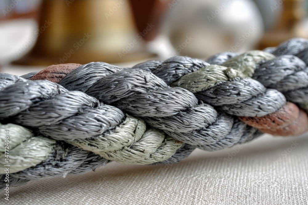 Fototapete Close-up of a braided rope showcasing textured fibers in a well-lit indoor setting with soft background elements