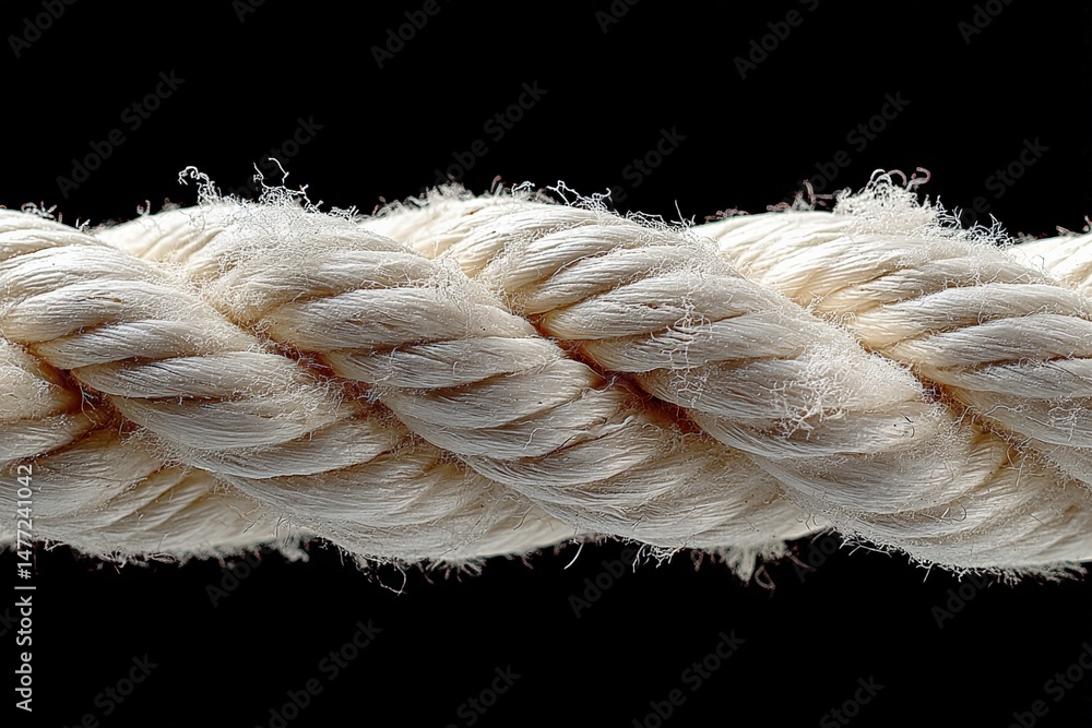 Poster Close-up view of thick white rope demonstrating intricate twisted fibers and texture against a dark background