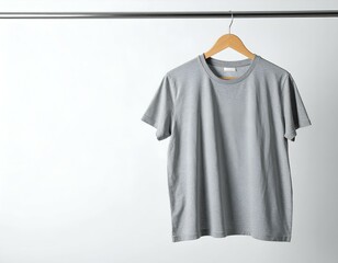 Grey t-shirt hanging on wooden hanger against white background. Perfect for mockup design.