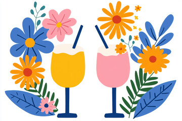 A young couple sharing a milkshake with two straws flat illustration 