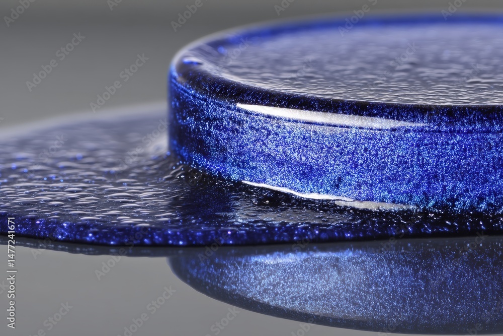 Poster close-up of a melting blue resin in an artistic arrangement on a reflective surface during daylight