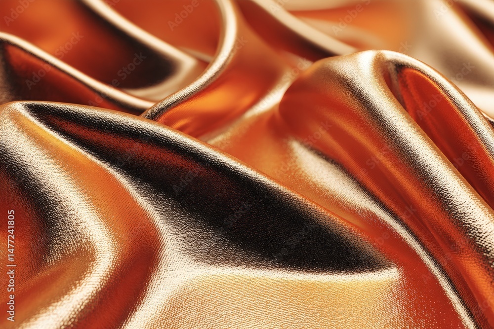 Poster shimmering orange satin fabric draped elegantly with soft folds and reflections of light