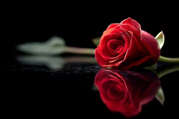 Elegant red rose resting on a reflective surface showcasing its beauty and delicate details