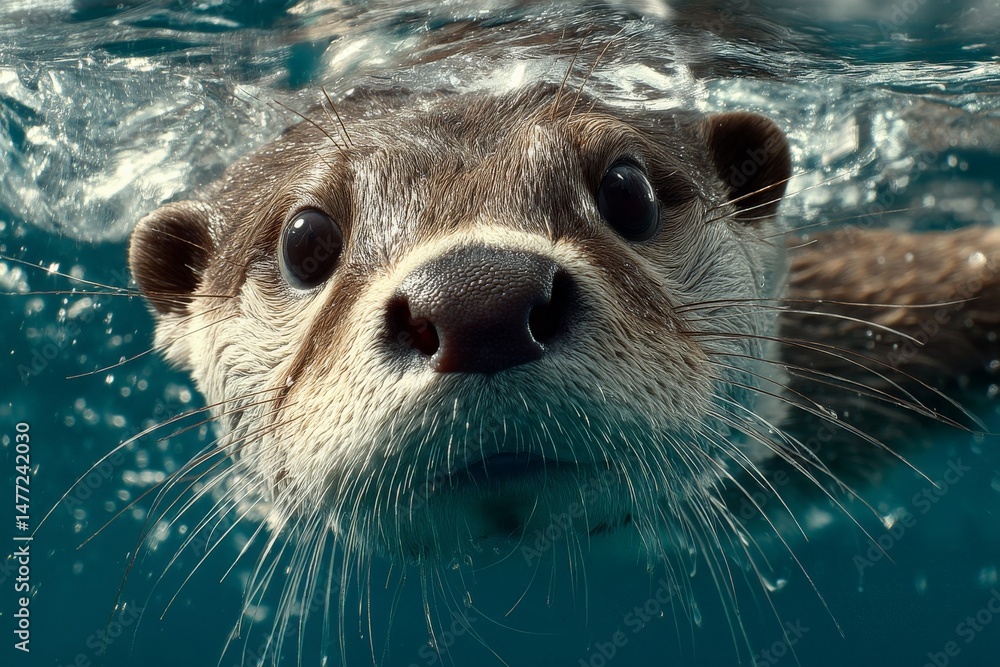 Poster curious otter peeks above water surface in a serene aquatic setting during daylight hours