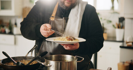 Cooking, food and hands of man with dish in kitchen of home for diet, private service or nutrition....