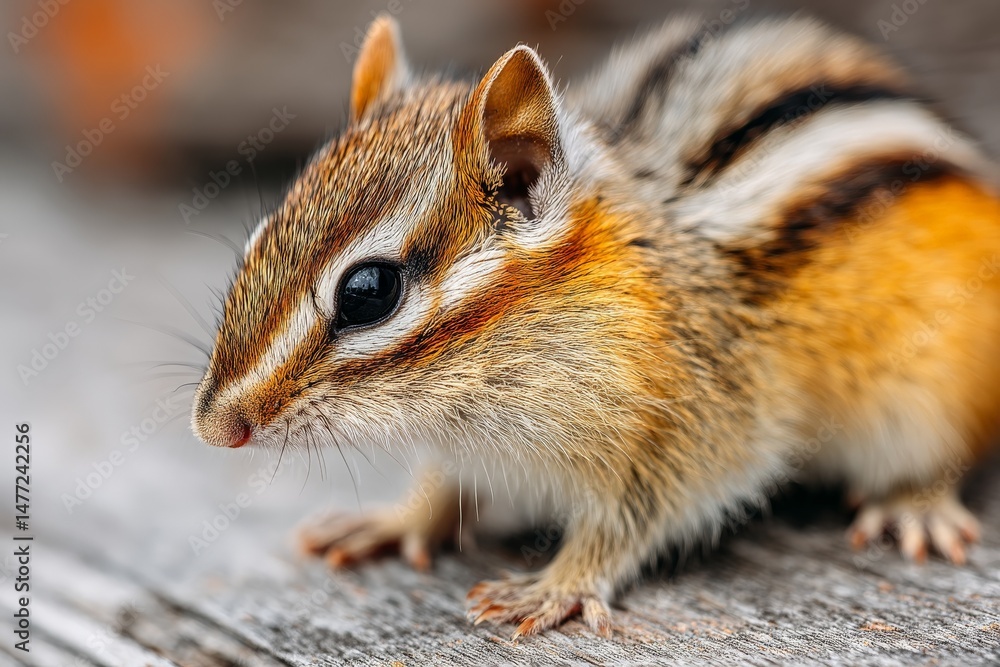Poster Close-up of a chipmunk exploring a wooden surface in a forest setting during daylight hours