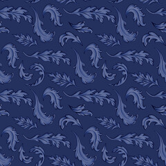 Loopable  pattern with  painted  leaves on a  blue background. Elegant composition for print on a digital paper,  greeting cards,  wallpapers and textile.