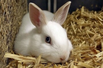White rabbit resting on straw in a cozy enclosure during daylight