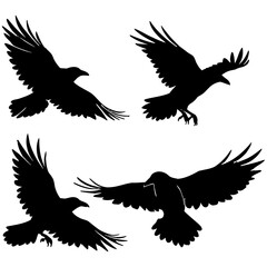 Silhouette vector illustration of four crows in various poses, including flying, perching, and landing, rendered in solid black on a white background for bold visual impact.