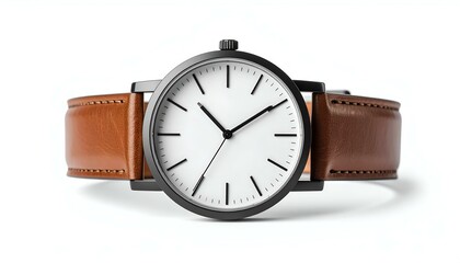 Stylish wristwatch with brown leather strap, isolated on white background. Minimalist design, perfect for fashion, lifestyle, and advertising.