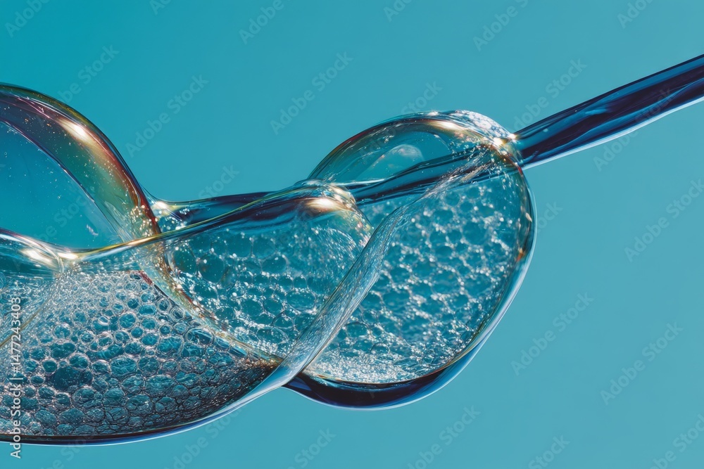 Poster unique formation of soap bubbles captured in a close-up against a blue background during bright dayl