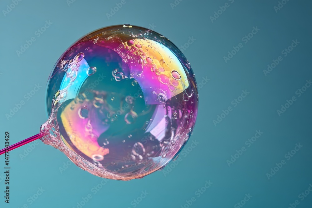Aufkleber colorful soap bubble floating against a blue background with vibrant reflections and bubbles