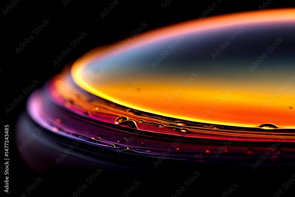 Fototapete Colorful liquid surface creating vibrant patterns with reflections in dark surroundings during a close-up capture