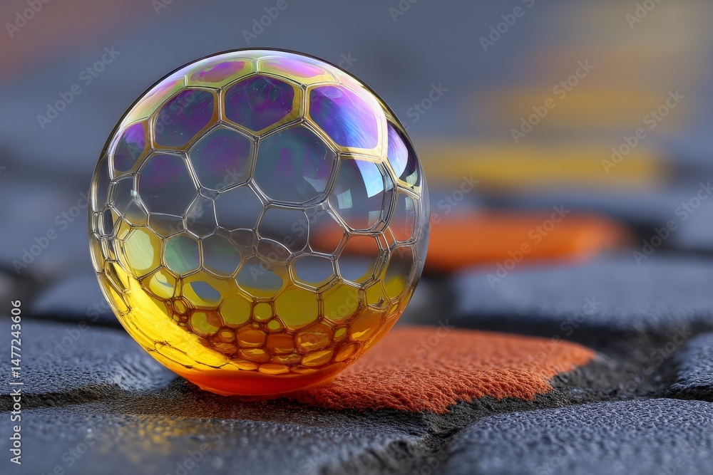 Poster Colorful soap bubble resting on a textured pavement during daylight in an urban setting