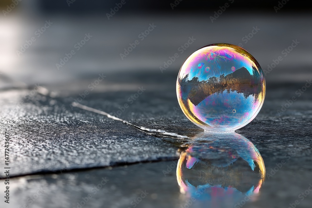 Poster Reflective bubble resting on wet surface showcasing vibrant colors and scenery