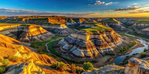 Panoramic view of horseshoe canyon at sunrise over the badlands of Drumheller Alberta Canada with clear blue skies and warm golden light, alberta, rock formations
